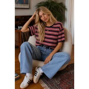 VTG Pendleton Women's Medium Tall Striped Short Sleeve Knit Sweater Red Navy